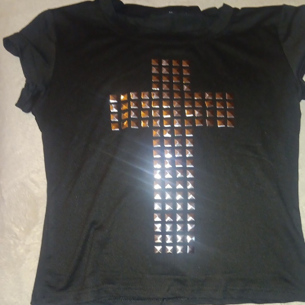 Black T-Shirt with Studded Cross Design